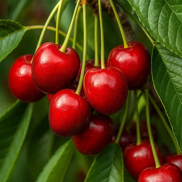 Close-up of Minnie Royal cherries on a Tree branch from Paradise Nursery with green leaves.
